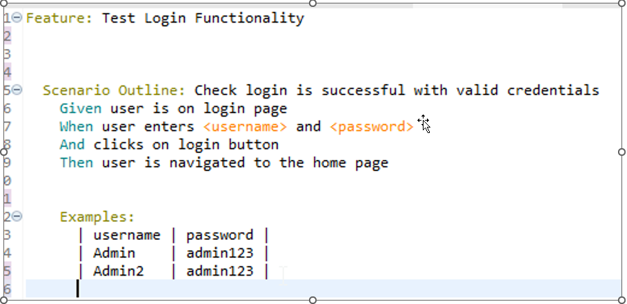 Gherkin Format In Feature File for parameterise In Katalon Studio