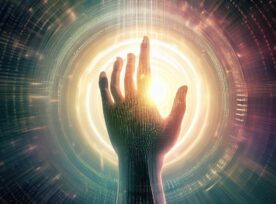 Human Hand with code and light emanating from it