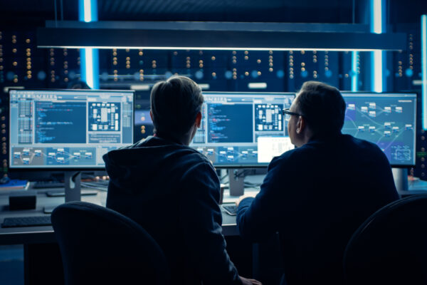 Two Professional It Programers Discussing Blockchain Data Network Architecture Design And Development Shown On Desktop Computer Display. Working Data Center Technical Department With Server Racks