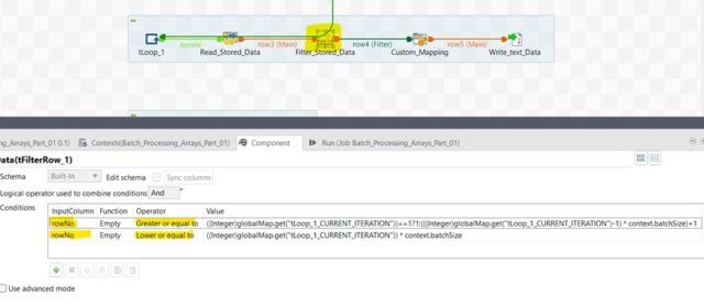 Filter the dataset retrieved from tHashInput component based on the rowNo column in the schema using tFilterRow