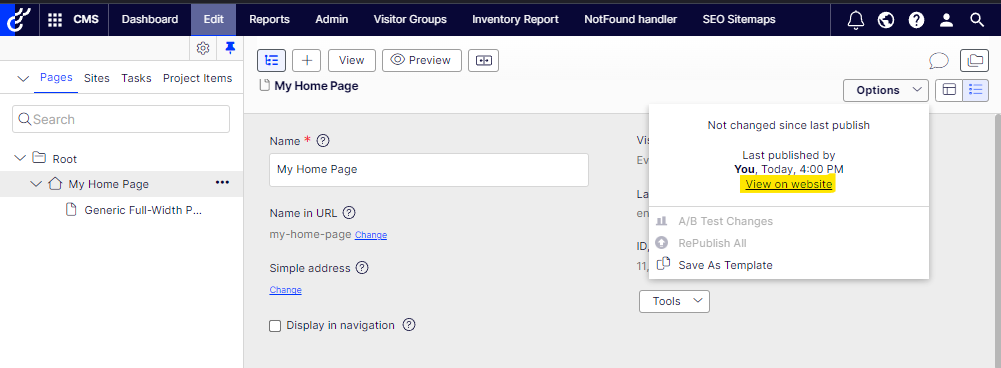 Screenshot showing how to open a page in your browser from inside the Optimizely CMS editor