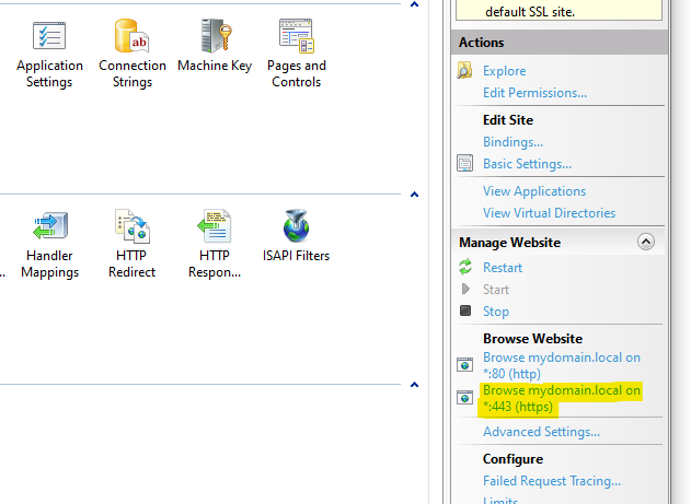 Screenshot showing how to launch local site from inside IIS.