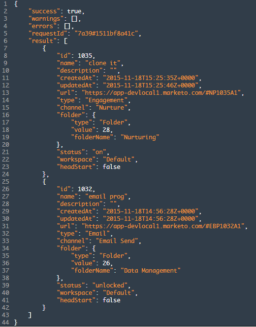 Sample JSON response when querying programs by name using Marketo's REST API. (Source: Marketo Developer Documentation)