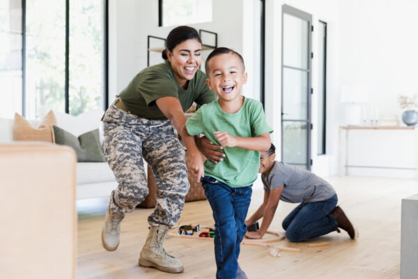 After Work, Female Soldier Chases Son In House