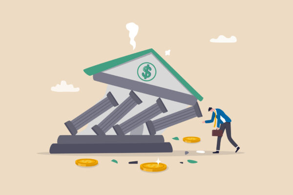 Banking Collapse Or Bank Run, Financial Crisis Or Bankruptcy Problem, Stock Market Crash Or Credit Risk, Failure Or Investment Failure Concept, Frustrated Businessman Look At Collapsing Bank Building.