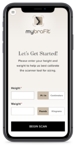 First image of MyBraFit app with blank sections to add height and weight