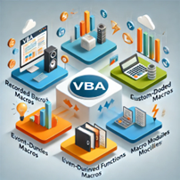 A visually appealing infographic showcasing VBA (Visual Basic for Applications) and its different types of macros.