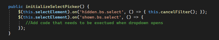 code to handle show and hide events of select picker