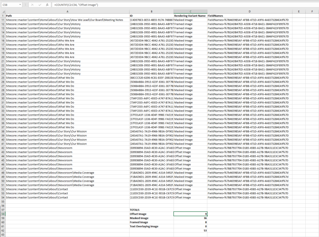 PowerShell script report open in Excel, showing a CountIf statement