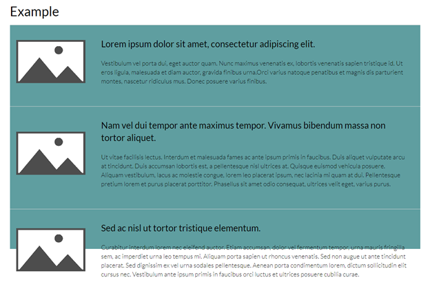 Placeholder content that includes image, subhead, and description text on a teal background, with the content overhanging the bottom of the background section.