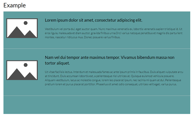 Placeholder content that includes image, subhead, and description text on a teal background, with a content gap at the bottom.