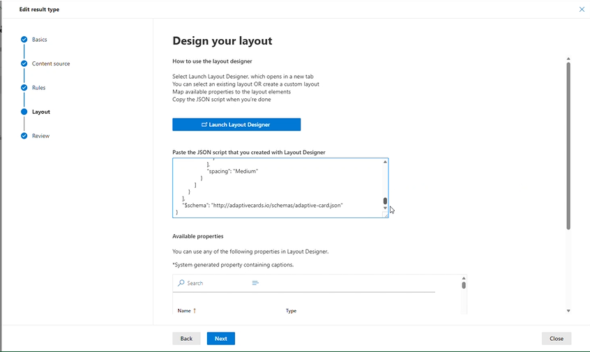 Set Result type adaptive card