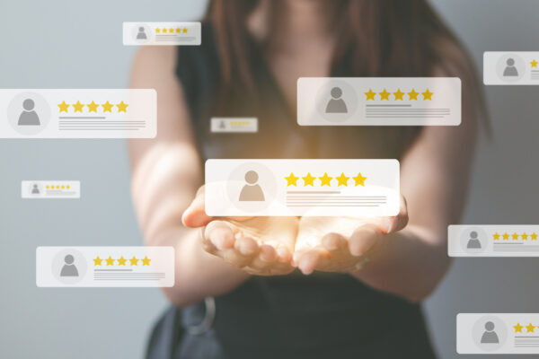 Business People Using Smartphone And Pressing Review Popup On Visual Screen, Customer Review By Five Star Feedback, Positive Customer Feedback Testimonial.