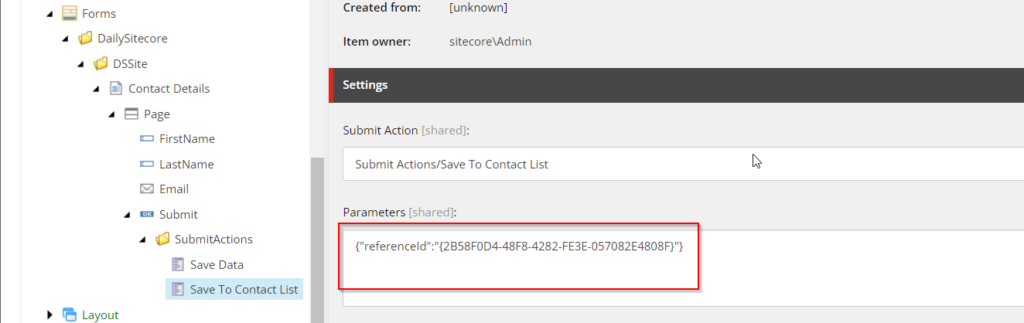 Parameters field- Save To Contact List Submit Action Item