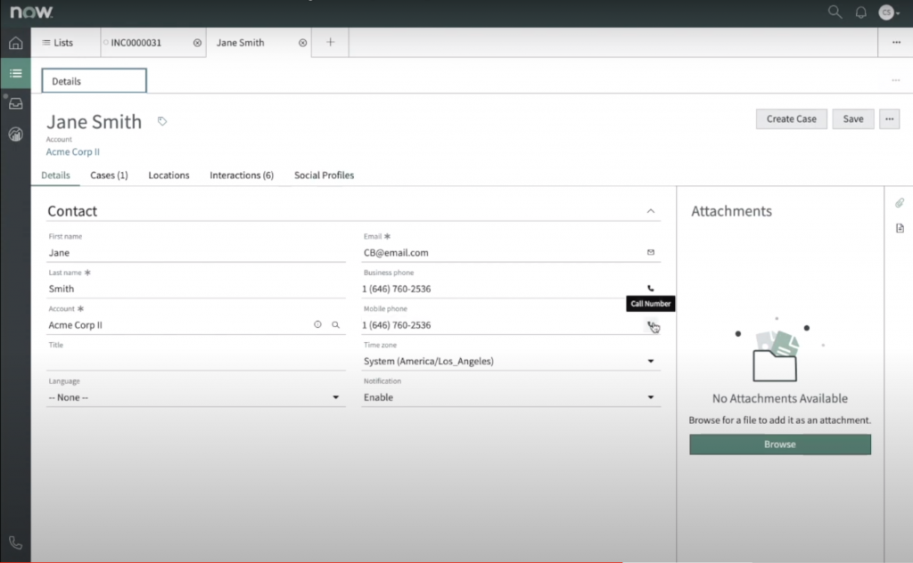 ServiceNow Customer Profile Page with Click to call button. 