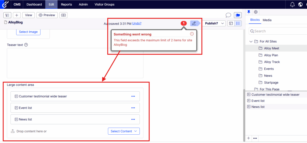 Site Specific Maxitem Validation Error