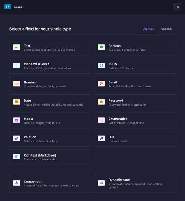 Strapi headless CMS - Content Type Create Field About