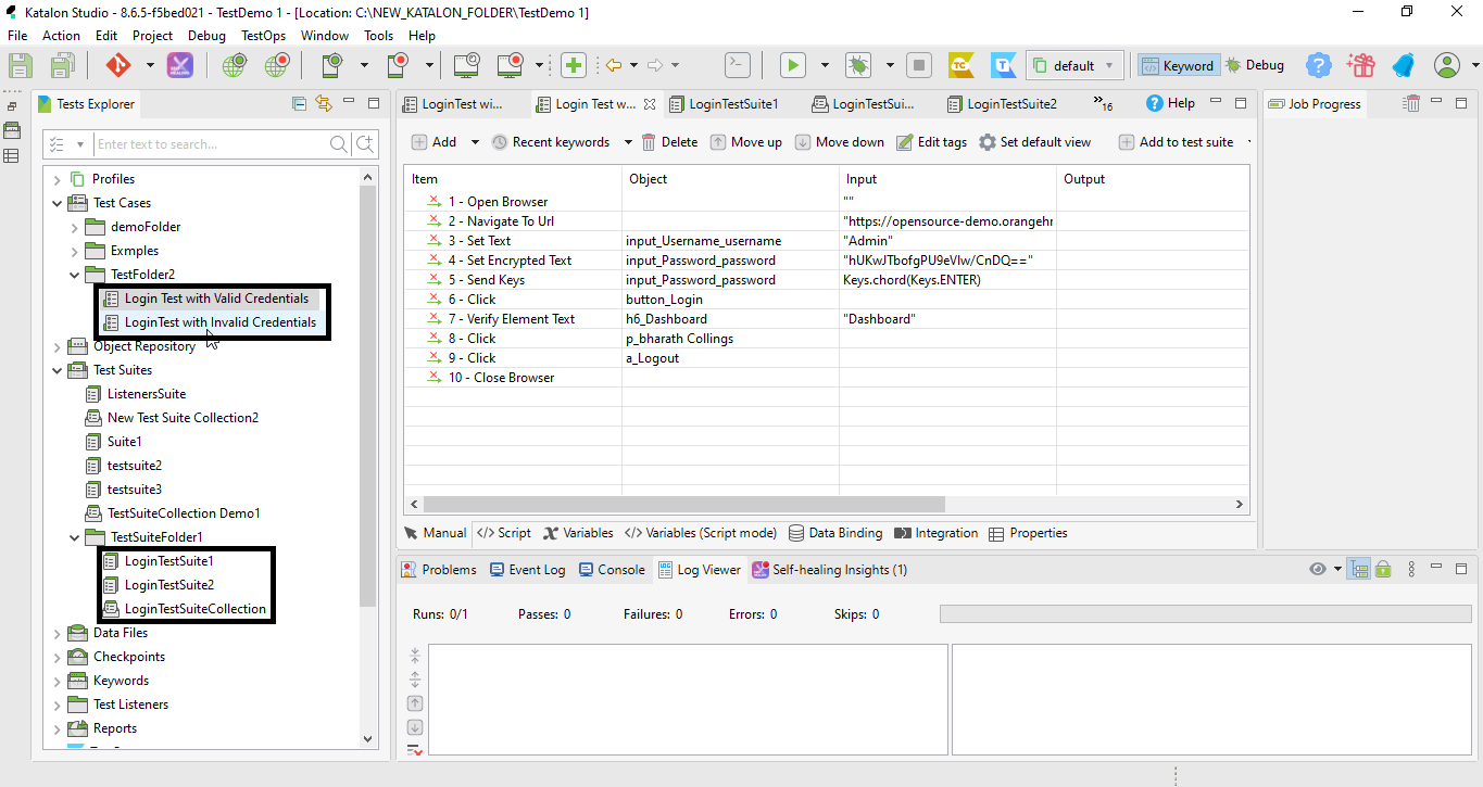 Reference image to show how the Test Case and Test Suite Collection created is created in Katalon studio