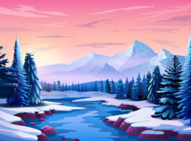 Beautiful Winter Landscape With Trees, Mountains And Sunset On The Horizon