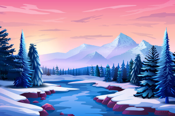 Beautiful Winter Landscape With Trees, Mountains And Sunset On The Horizon