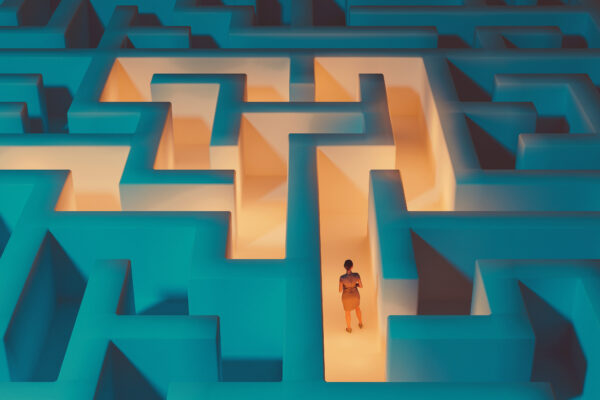 Woman Inside A Maze Tries To Find The Right Way