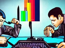 AI Generated Image Two People Debating over an abstract computer monitor and keyboard