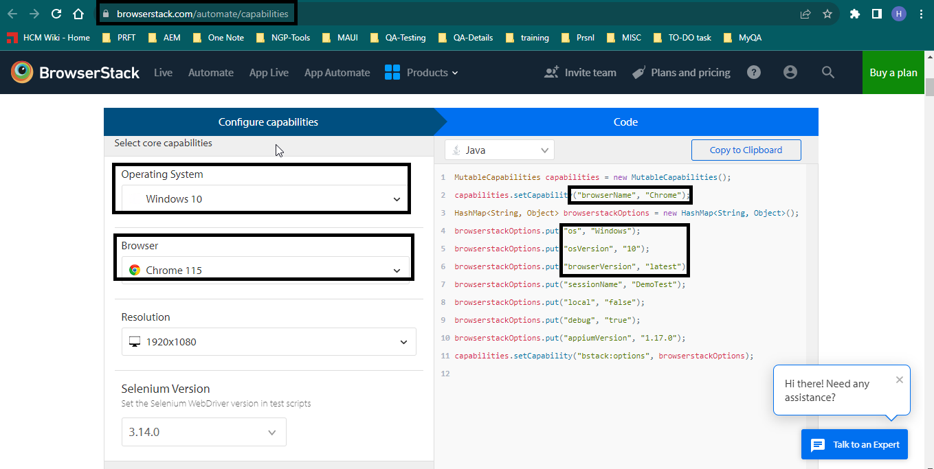 BrowserStack Capability configuration page