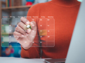 Business Woman Marking Dates On Virtual Calendar, Managing His Business Schedule, Setting Reminders For Important Appointments, Creative Collage For Planning Ideas, Appointment Scheduler.