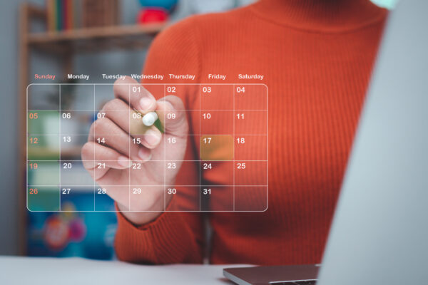 Business Woman Marking Dates On Virtual Calendar, Managing His Business Schedule, Setting Reminders For Important Appointments, Creative Collage For Planning Ideas, Appointment Scheduler.