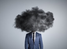 A human body with its head replaced as a black cloud, representing AI and clouded thoughts.