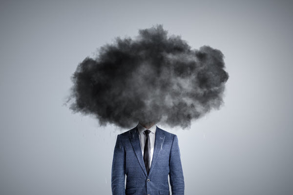 A human body with its head replaced as a black cloud, representing AI and clouded thoughts.