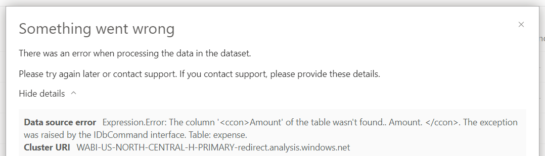 Column Renaming Service Error Message