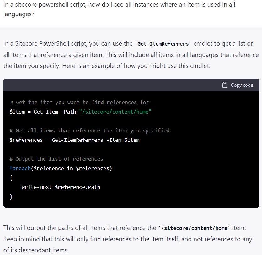 GPT's response on how to use Sitecore Powershell