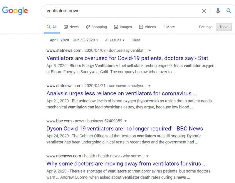 Google Ventilators News Custom Date Range