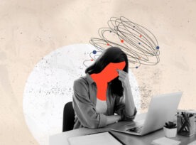 Photo collage and sketch of woman at desk looking overwhelmed.