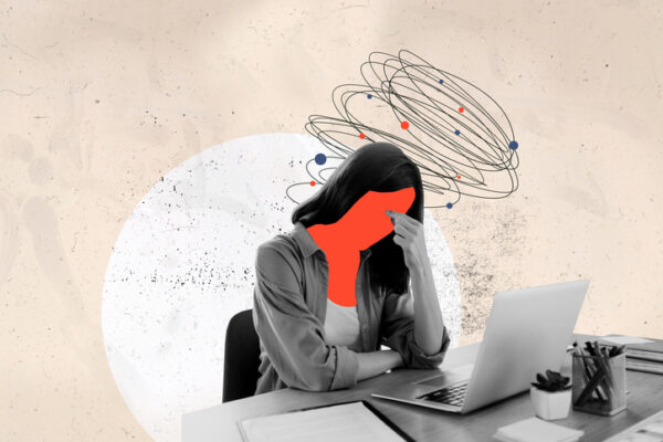 Photo collage and sketch of woman at desk looking overwhelmed.