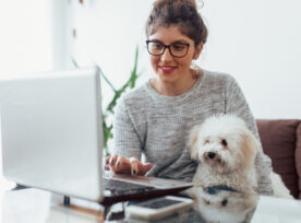Young marketer working on her computer. She is with her dog