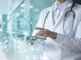 Medicine Doctor Touching Electronic Medical Record On Tablet. Dna. Digital Healthcare And Network Connection On Hologram Modern Virtual Screen Interface, Medical Technology And Futuristic Concept.