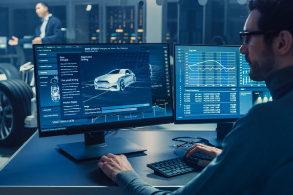 Professional Engineer Works On A Computer With A 3d Cad Software And Tests The Electric Car Chassis Prototype With Wheels, Batteries And Engine Standing In A High Tech Development Laboratory.