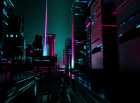 Abstracted image of glowing neon lights in a city.