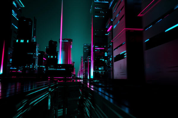 Abstracted image of glowing neon lights in a city.