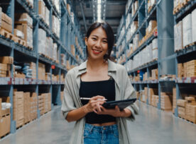 Portrait of Asian woman holding a digital tablet stand in a supply warehouse
