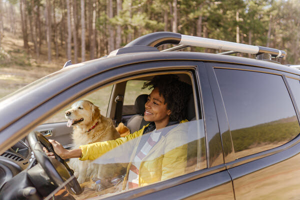 A woman driving in a car with her dog