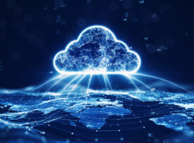 Data Transfer Cloud Computing Technology Concept. There Is A Large Prominent Cloud Icon In The Center With Internal Connections. And Small Icon On Abstract World Map Polygon With Dark Blue Background.