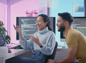 Collaboration, Coding And Programming With An Engineer Man And Woman At Work Together As A Team In A Data Center. Teamwork, Cyber Security And Information With A Male And Female Working On A Database