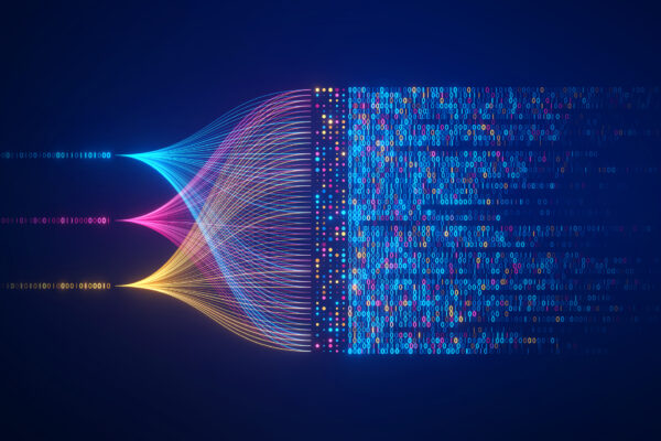 Big Data Technology And Data Science Illustration. Data Flow Concept. Querying, Analysing, Visualizing Complex Information. Neural Network For Artificial Intelligence. Data Mining. Business Analytics.