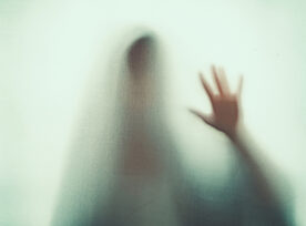 Shadow Of Scary Paranormal Ghost Horror Woman In Soft Focus. Blurry Hand And Body Figure Abstraction