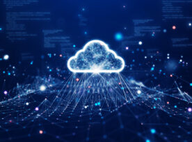 Cloud And Edge Computing Technology Data Transfer Concept. A Large Cloud Icon Is In The Center. Abstract Code Interconnected Polygons And Multicolored Dots On A Dark Blue Background.