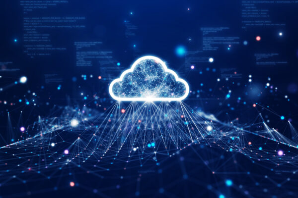 Cloud And Edge Computing Technology Data Transfer Concept. A Large Cloud Icon Is In The Center. Abstract Code Interconnected Polygons And Multicolored Dots On A Dark Blue Background.