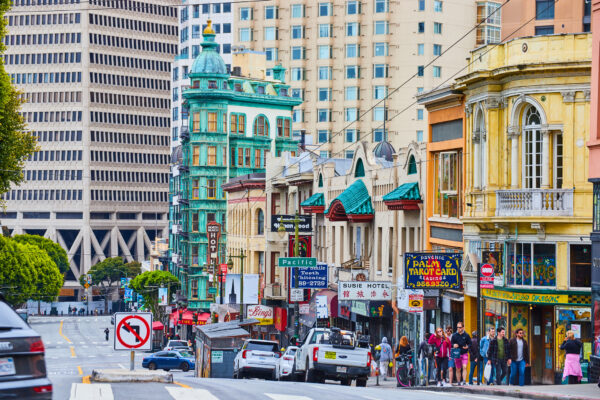 Street View Of Crowd Wandering Between Shops In San Francisco Inner City